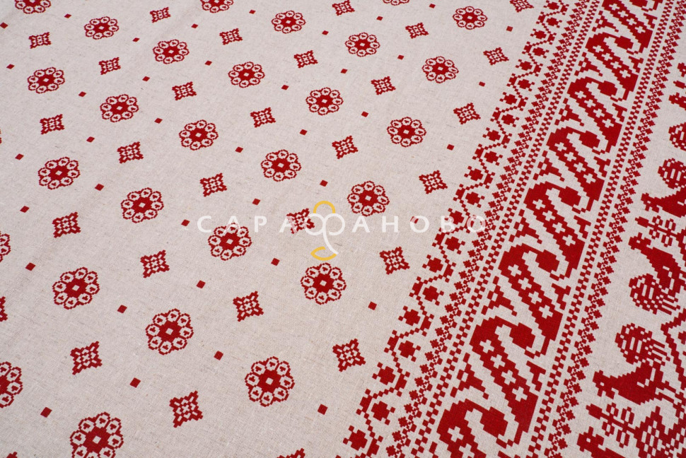 Ткань Полулён п/варёный 150 см. рис ВЫШИВКА ( Петушки на крыше) № 2448